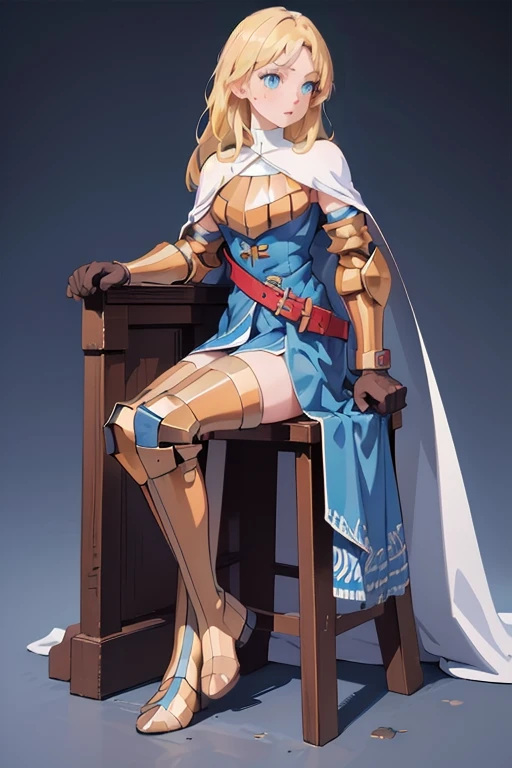 (masterpiece, best quality), 1girl, KnightFFT, long hair, blonde hair, blue eyes, cape, armor, blue dress, belt, gloves, boots,