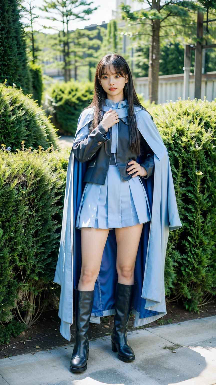 (8k、RAW Photos、Highest quality、masterpiece:1.2)、(Realistic、Realistic)、1 Girl、((Light blue and black cloak、mini skirt、garden、Exposed Skin、Medium Hair、whole body、boots、View from the front、Looking at the camera、Stand with hands on hips))、cute