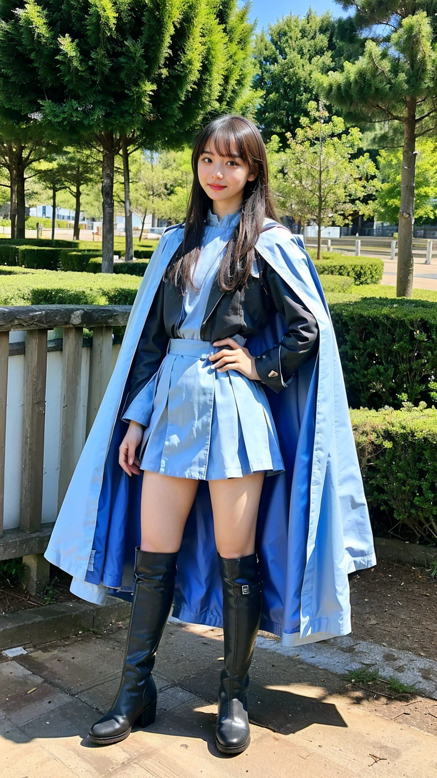(8k、RAW Photos、Highest quality、masterpiece:1.2)、(Realistic、Realistic)、1 Girl、((Light blue and black cloak、mini skirt、garden、Exposed Skin、Medium Hair、whole body、boots、View from the front、Looking at the camera、Stand with hands on hips))、cute