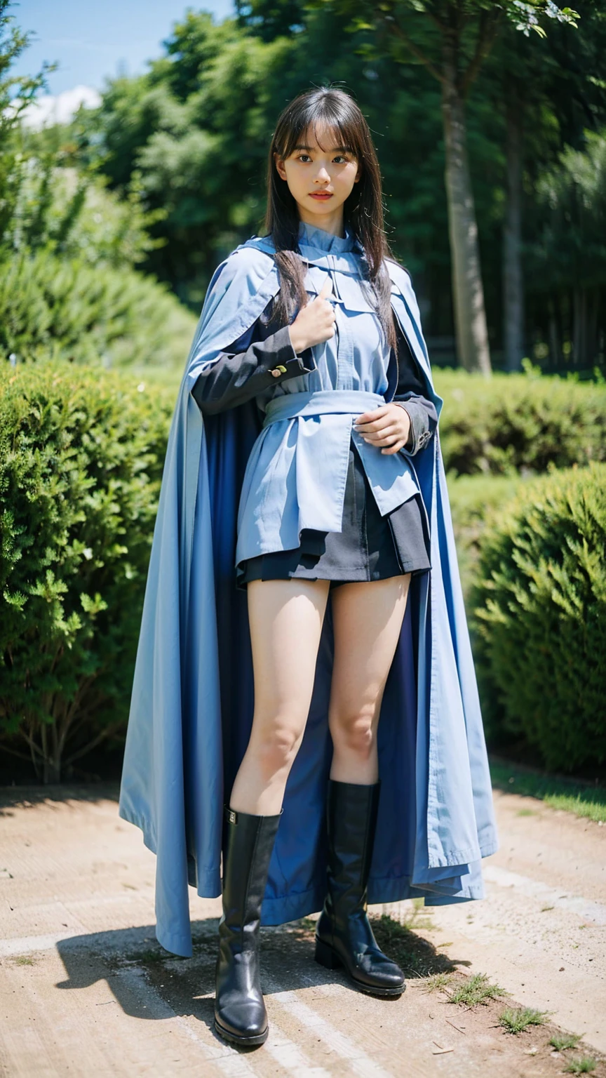 (8k、RAW Photos、Highest quality、masterpiece:1.2)、(Realistic、Realistic)、1 Girl、((Light blue and black cloak、mini skirt、garden、Exposed Skin、Medium Hair、whole body、boots、View from the front、Looking at the camera、Stand with hands on hips))、cute