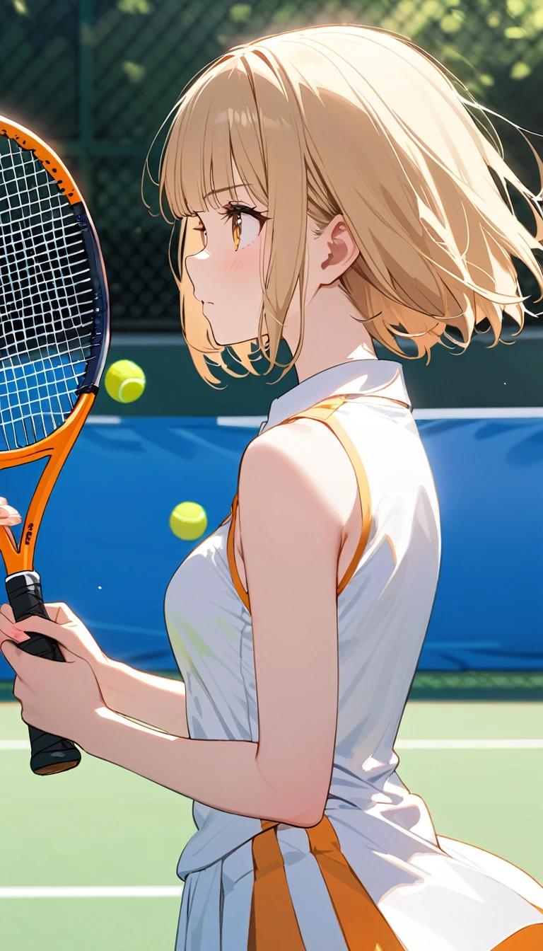 (1 girl),(Best Picture Quality, 8K, Masterpiece:1.3), (Middle school students:1.5), ((yellow beige lob hair:1.1)), (bob cut),(blunt bangs:1.3), (cute eyes, pupil black, iris orange, youthful face),(standard weight), (small breasts), (glistening skin:1.2),(pale skin:1.2),(serious:1.4),BREAK,(play tennis), (swing tennis racket:1.1), (tennis uniform), (Tennis court),(moving:1.2), (tennis ball),(looking ahead:1.3), ((from side:1.3)).