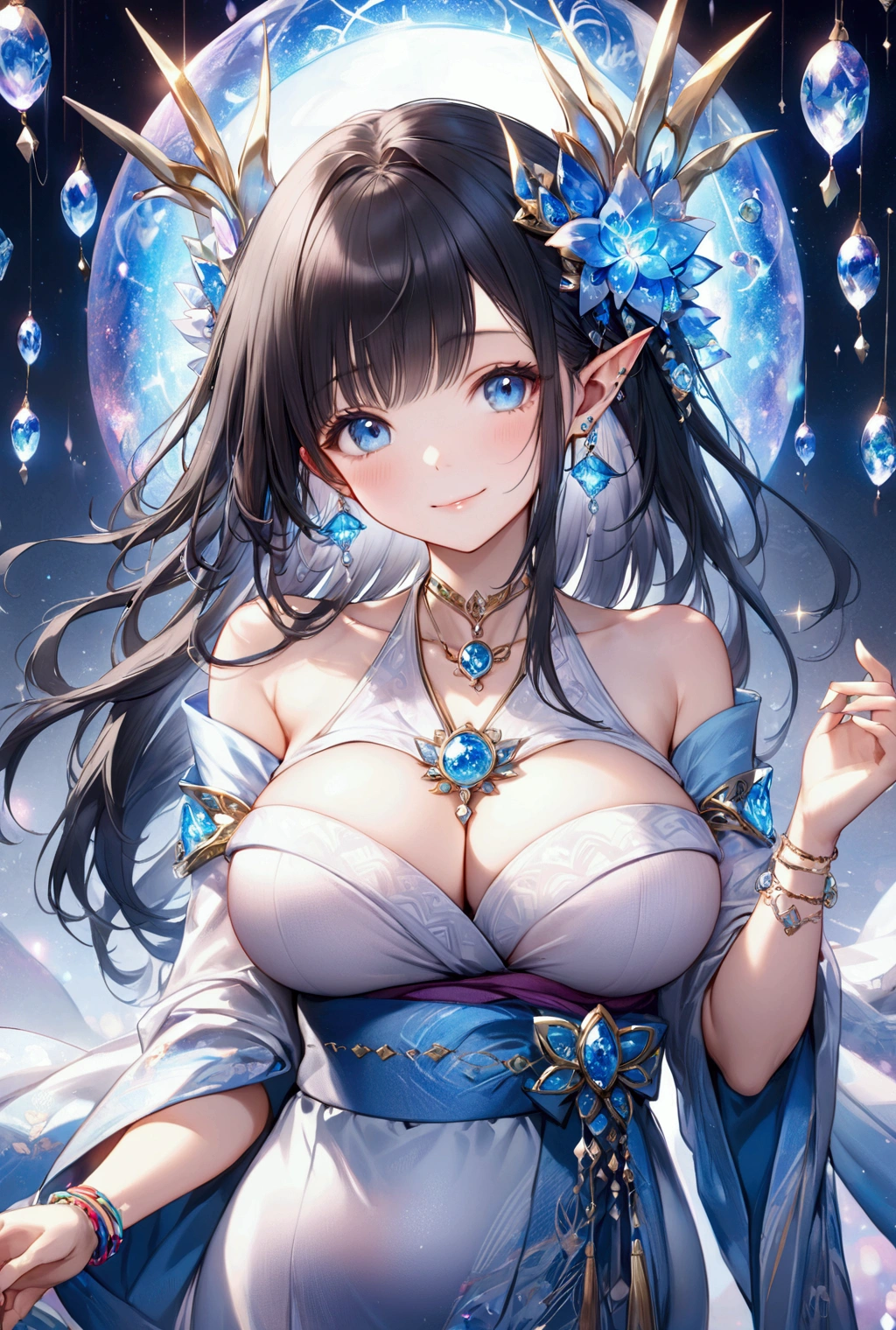 (Highest quality, 8k, 32K, masterpiece, Ultra-high resolution,:1.2),to be born, One Girl,So cute , A fantasy background reminiscent of an electronic world, clear, Shining Eyes, Age 25 ,Fair skin, Black Hair Girl, kimono, Long Hair, An innocent smile, Blue-eyed Elf Queen, Pierced ears sparkle, An elegant necklace adorns her slender neck., Rings and bracelets decorate the fingers. expensive_Big Breasts, Big Breasts