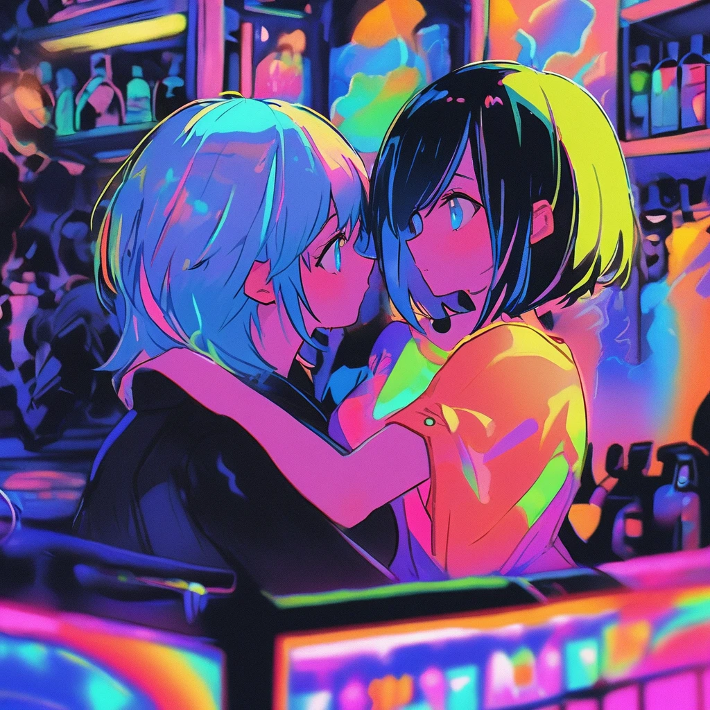 two athletic young adult women sharing an intimate moment in a busy  bar, blue eyes, short hair, silhouette, vibrant rainbow neon color, illustration, cartoon, highly detailed, high quality,