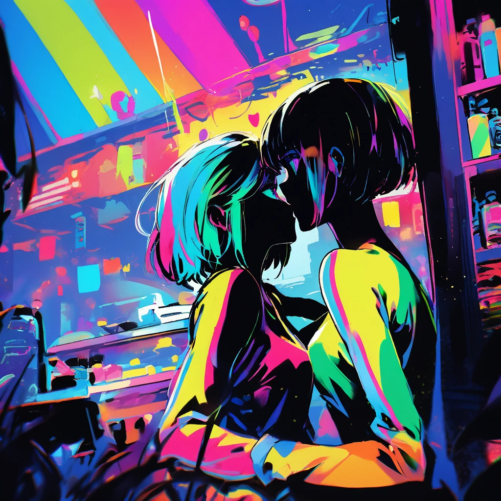 two athletic young adult women sharing an intimate moment in a busy  bar, blue eyes, short hair, silhouette, vibrant rainbow neon color, illustration, cartoon, highly detailed, high quality,