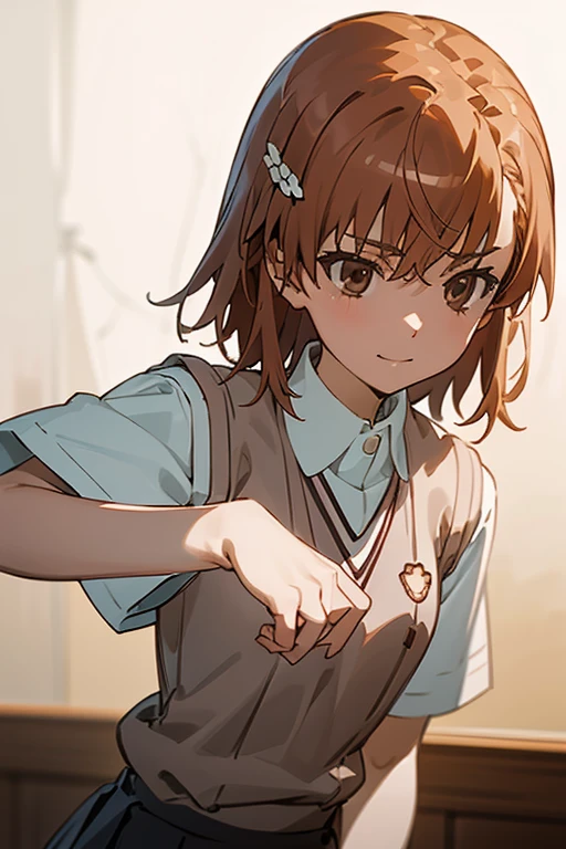 Misaka_mikoto, 1girl in, 独奏, School_uniform, tokiwadai_School_uniform, Sweaters_vests, Skirt, brown_Sweaters_vests,A smile、Schools, (masterpiece:1.2), Highest quality, High resolution, unity 8k wallpaper, (Beautiful attention to detail:1.6)