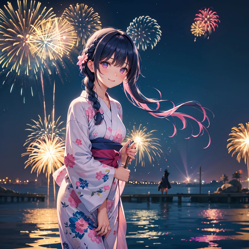 Sky Blue Medium Hair, (Braided hair),(Pink Eyes),Fair skin ,(whole body),(1 girl)、Floral Yukata、summer night、Fireworks on the lake、Big fireworks、A happy smile、Straight bangs,(masterpiece, Highest quality, Very detailed, Best Shadow), (Detailed Background), (Beautifully detailed face), High Contrast, (Best lighting, Very delicate and beautiful), ((Cinematic Light)), colorful, Hyper Detail 8k, Dramatic Light, Intricate details,Fireworks light reflected on the water