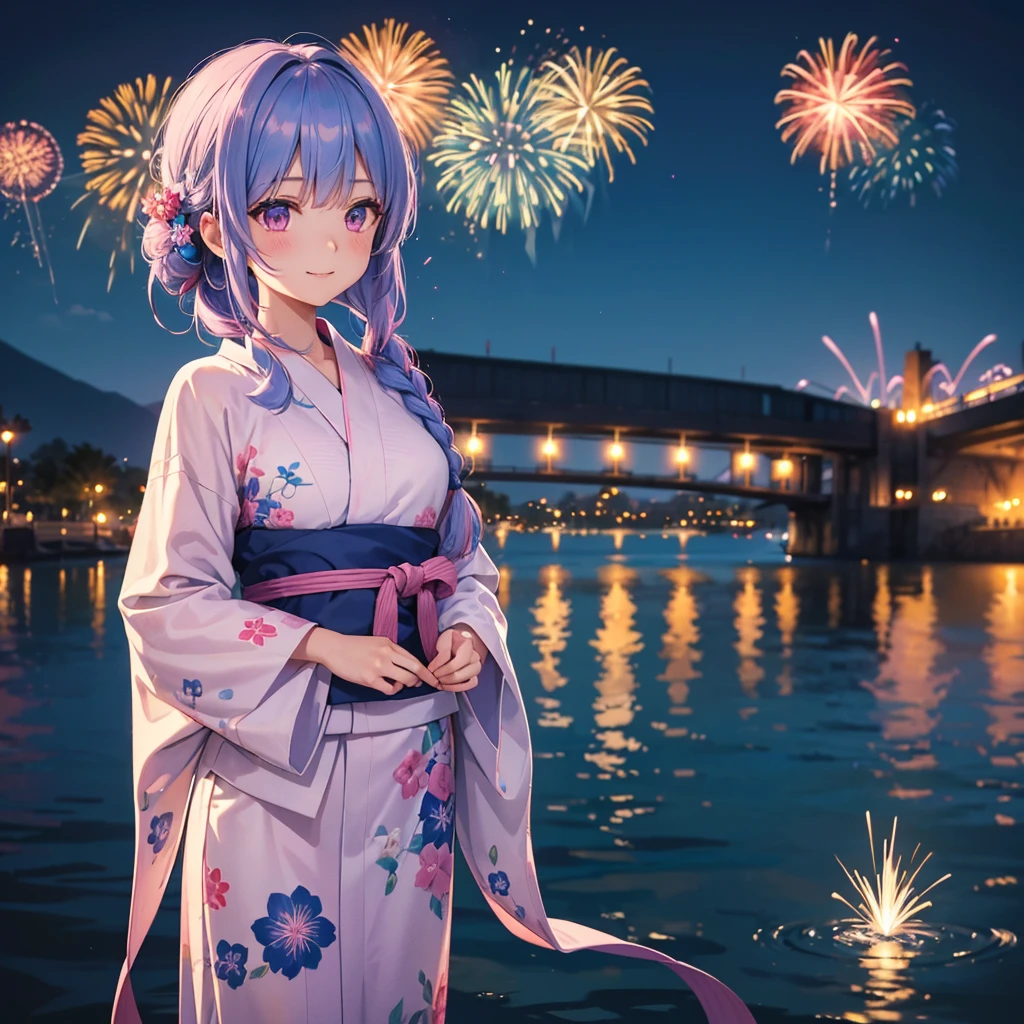 Sky Blue Medium Hair, (Braided hair),(Pink Eyes),Fair skin ,(whole body),(1 girl)、Floral Yukata、summer night、Fireworks on the lake、Big fireworks、A happy smile、Straight bangs,(masterpiece, Highest quality, Very detailed, Best Shadow), (Detailed Background), (Beautifully detailed face), High Contrast, (Best lighting, Very delicate and beautiful), ((Cinematic Light)), colorful, Hyper Detail 8k, Dramatic Light, Intricate details,Fireworks light reflected on the water