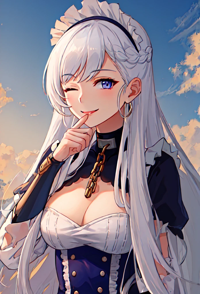 best quality, masterpiece, highres, solo, {belfast_azurlane:0.90}, smile, happy, one_eye_closed, portrait, looking at viewer