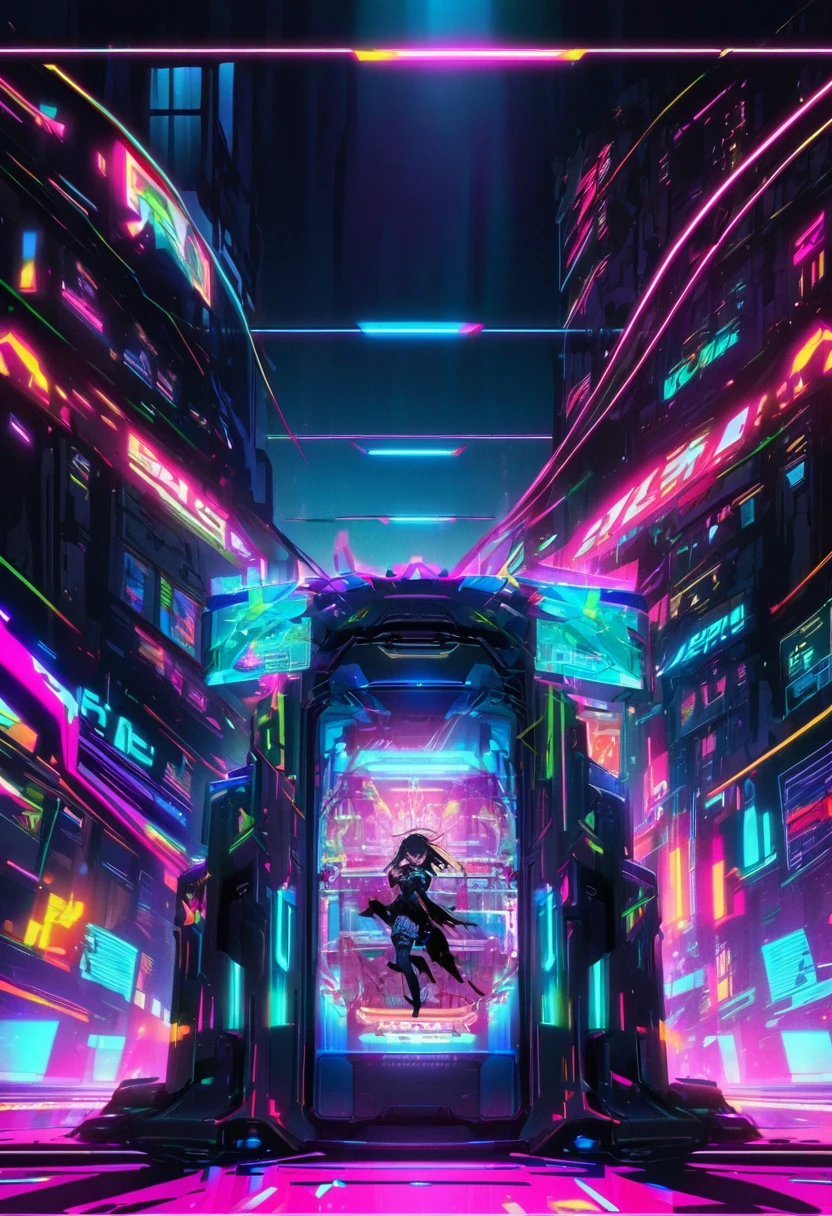Black silhouette of an anime girl. They have a variety of patterns.. The background is dark、The lights are shining. The art style is digital, Highly detailed and surreal style fantasy her illustration. High resolution, High resolution, Neon and vibrant colors. There is a glitch effect, holographic effect, Neon lighting and holographic effects with cyberpunk elements. the contrast between light and shadow is strong, shadows and highlights.