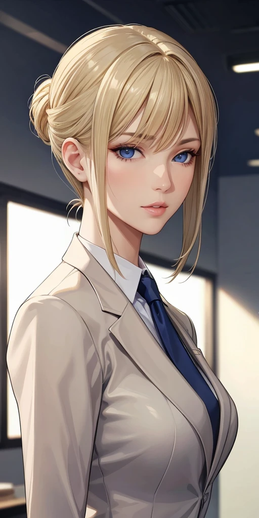 Close-up portrait, realistic, Elegant mature woman, milf, blue eyes, blonde hair, soft light, 4k resolution, high quality, beautiful cg