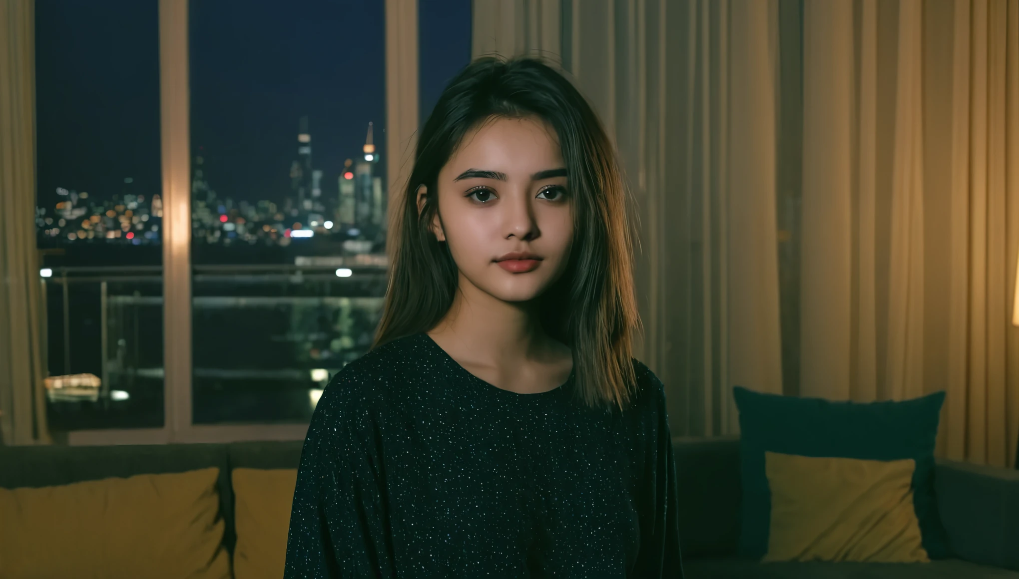 girl about 20 years old, in a living room, city background, evening, (Best Quality: 0.8), (Best Quality: 0.8), Dark and unclear face, bright Eyes