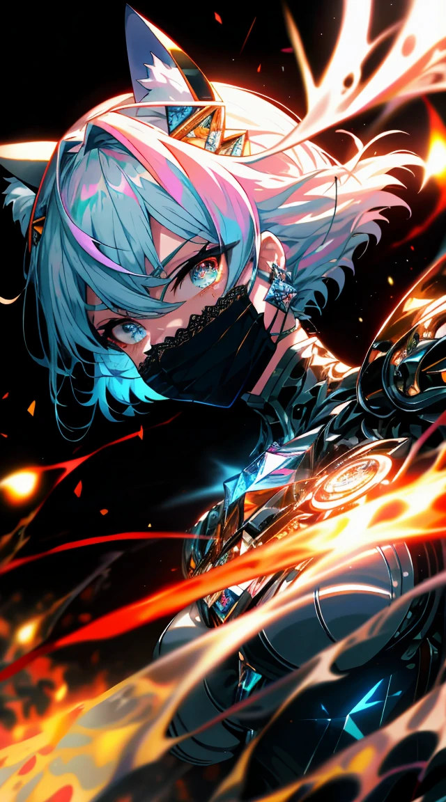 Masterpiece Anime Robot beutiful diamond skin golem Cat girl magic, beautiful_eye, detailed eye, Devil horns, mask, wing, Shine, Random twin tail fantasy hair, Multicolored Hair, Body Details, Random very angry face, Detailed face, Saenyo Ancalagon, the majestic personified guardian | Portraiture | Intricate obsidian and lava armor | Cinema Lighting | intriCate filigree metal design | 8k | Unreal Engine | Octane Rendering | beautiful_eye, detailed eye, Body Details, Ahegao, Detailed face, Very detailed, Fantasy Background, blush, Cat_ear_Earringss hair_Ornament Hi-Res Jewelry Triple_Earrings, All details, alone, Combat Stance, magic circle, electrifiCation, thunder efect, Ray Tracing, All details, Please show me your ability A.I, 4K Ultra HD. add face mask, add fullface mask, mouth and nose covered by mask, Shine eye particle Shine, 4K wallpaper, Robot Woman,