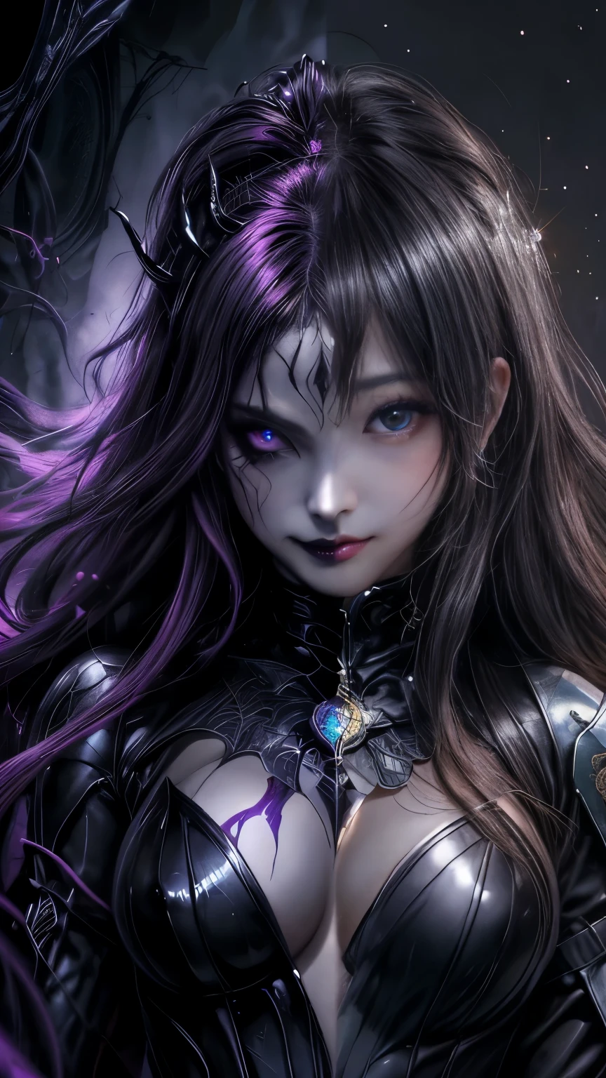 Esoteric arachnids lady, Spider Queen Elise, League of Legends, Esoteric arachnids, Combat Stance, ( body formed from metallic mauveine and metallic black liquid metallic paint twisting into a beautiful interpretation of the female figure), length, Sharp Fangs, nature, ((Complex metallic colors in the foreground)), (( Big Breasts、Fluid Mechanics, The most beautiful smooth scale face makeup, Smirking expression)) - Dark blood, Onyxia、Noir painting of a beautiful young witch, length purple hair, dark purple lips, evil, evil female, smile, Black Prom Dress, She is coming to you, close, Bright Blue Eyes, Surrounded by swirling pink smoke, Genuine, Attention to detail, Highest quality、A beastly demon wields a vicious blade, Blood Chain, Behemoth Bones, Snake-like tentacles, Cruel Teeth, Expressions of madness, Oppressive Dungeon. 8K Vision Reveals Fear, Ultra HD detail makes monsters stand out, Grotesque shadows dance, The creature whispers, Stifling atmosphere, Vision problems, Visible Madness. blade, A flash of evil intent shines, reflect (Light) Beyond the Darkness, Elucidate (Sharp details) and、Add a dizzying dimension to the impending chaos.