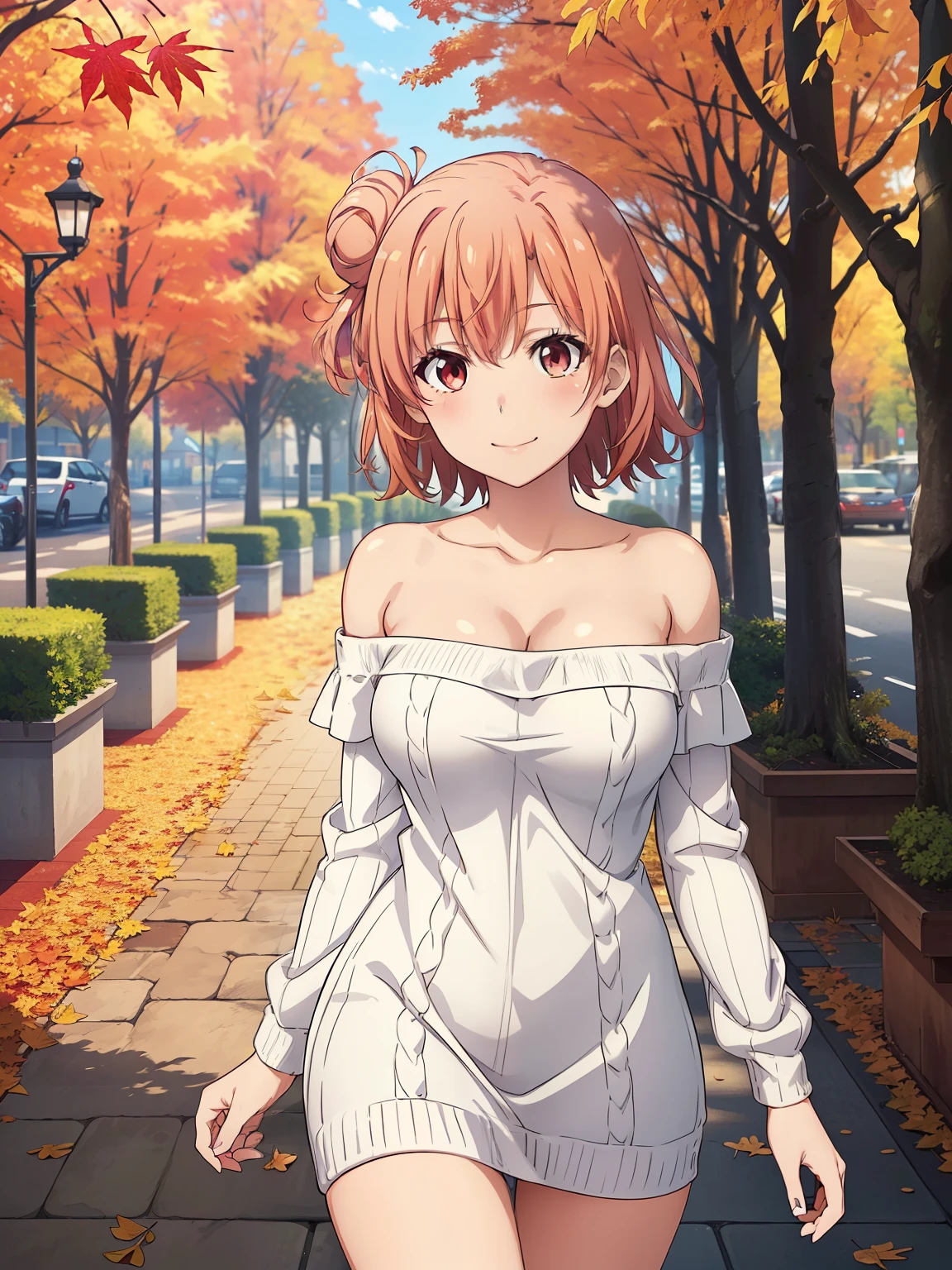 ((Highest quality, High resolution, Pixel perfect, 4K)), (Beautiful Anime Girls), Written boundary depth、
yuigahama yui, (Big Breasts:1.1)、 Red eyes、
short hair, Single hair bun,
blush、smile、
White knit dress、、Off the shoulder、Strapless、
street、Ginkgo Tree Line、autumn、Fallen leaves、autumn leaves、