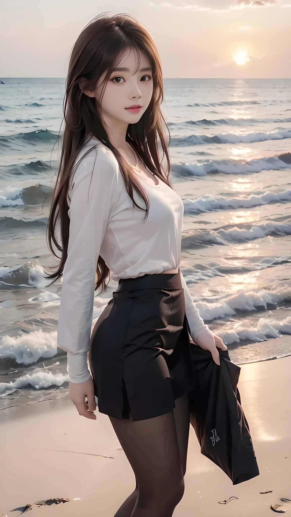 ulzzang-6500-v1.1, (RAW Photos:1.2), (Photorealistic), (Genuine:1.4), １girl、Perfect Anatomy、20 years old、Looking at the camera、Medium Long Hair、red T-shirt, skirt, ((on the beach at sunset :1.2))、(Ultra-realistic pantyhose:1.2), (Business services)、Asian Eyes Ella,