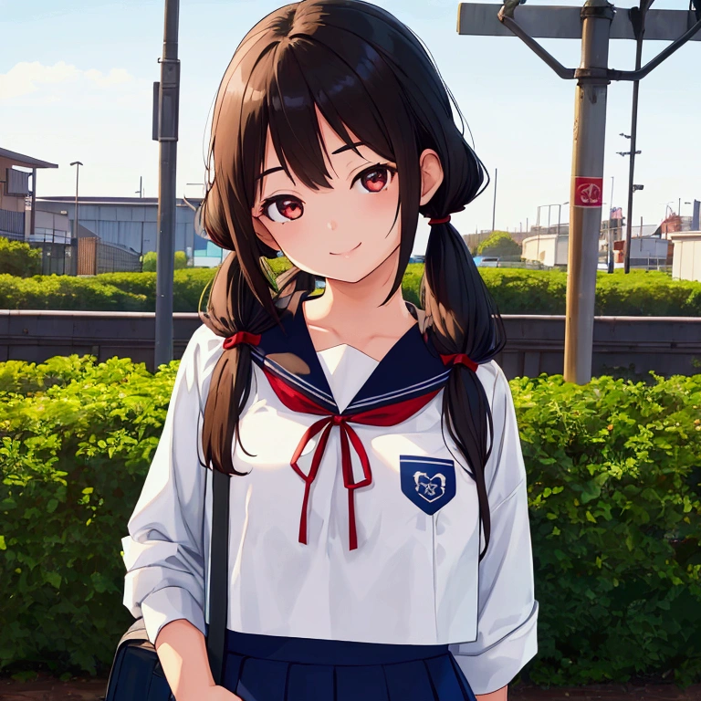 1girl, standing, (hand on chest with left hand), (head tilt), smile, 16yo, gentle smile, head tilt, Railroad crossing, outdoor, (low twintails), red ribbon in hair, very long black hair, white serafuku with blue ribbon, navy-blue collar, navy-blue skirt, (dark brown eye), school bag on right shoulder, afternoon, summer, (from front:1.4), upper body, detailed face, detailed eyes, (high quality, ultra detailed, masterpiece, super detail, highres, anatomically correct, UDH), good hands, good fingers, Japanese anime style, extremely cute