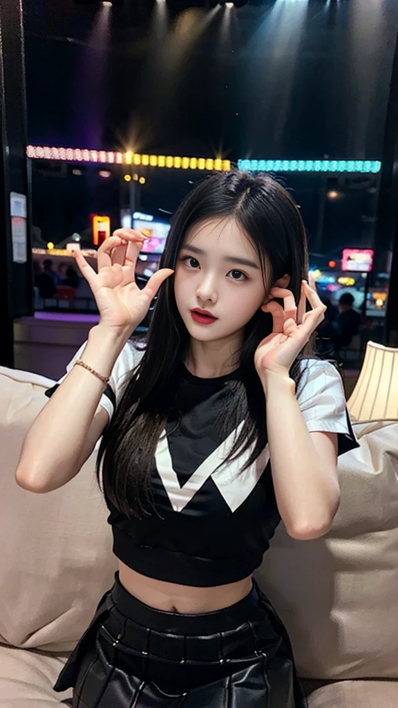 night club, whiskey table, Sofa, club room, couple selfie, smartphone selfie, A pretty slender 24-year-old Korean woman wearing a top and miniskirt and a strong-bodied and handsome 34-year-old Korean man wearing a muscular shirt., Karaoke machine, The lights went crazy, Party Lights, sound of music ringing, heart hands