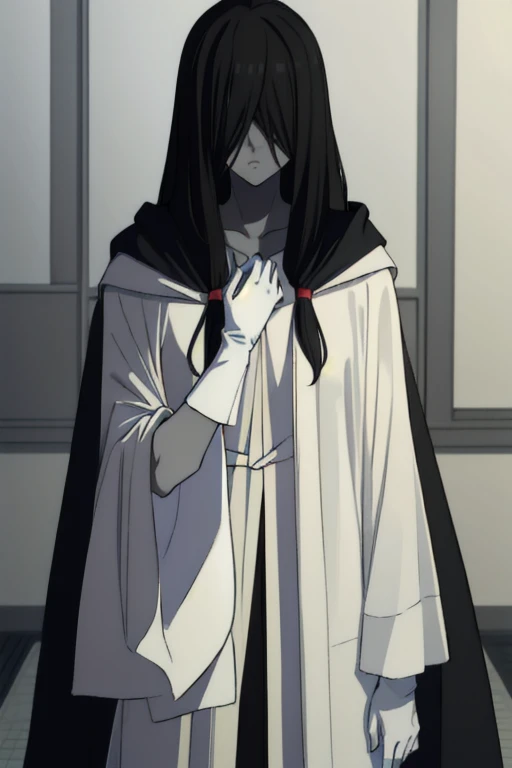 ((masterpiece)), (best quality), (absurdres), black hair, yamamura_sadako, (black obi), (grey skin), hair over eyes, eyes covered, looking at viewer, cape, long cape, closk. White gloves