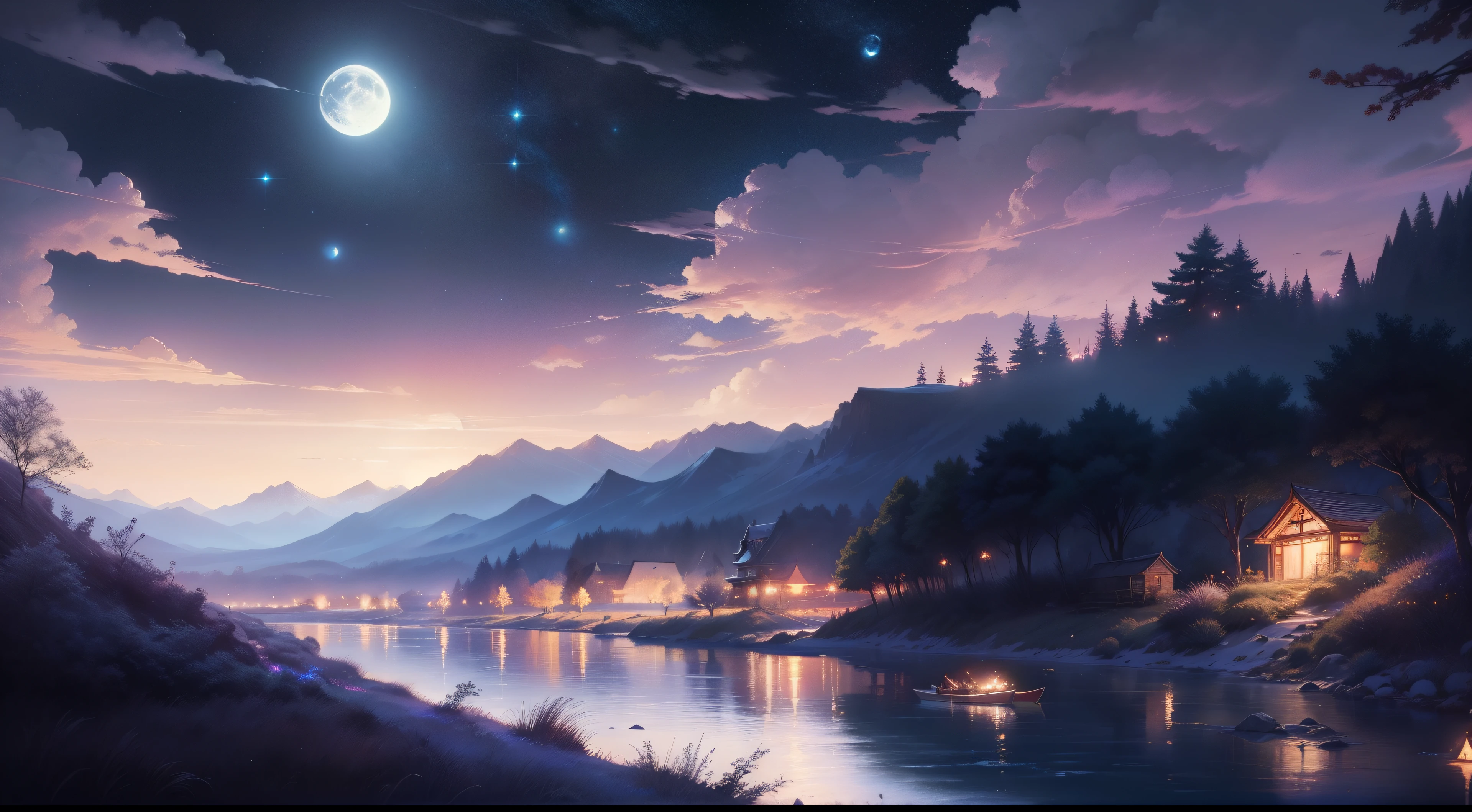 Picture of a river with stars and moon in the sky., Concept art, inspired by Tosa Mitsuoki, Pixiv competition winner, Best quality, fantasy art, beautiful anime scene, bright moon, Lunar stellar environment, A Dream Painting, anime background Art, Fantasy landscape art, Fantasy Night, anime background, background image, fantastic art, Atmospheric anime, Starry sky, Improved detail.