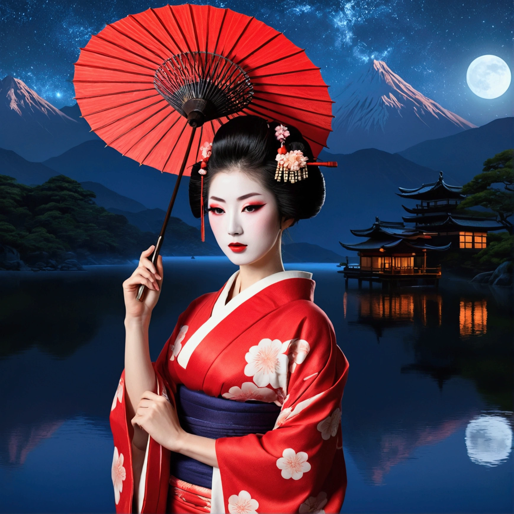 glamorous and sexy geisha, Traditional beauty, in kimono, geisha, beauty geisha, Inspired by , traditional geisha clothing, geisha makeup, ((Woman in kimono)) holding a fan - woman in kimono, traditional Japanese, Japanese style, Japanese goddess Glamorous and sexy geisha - glamorous and sexy geisha, Japanese geisha Traditiona,Arabian woman in kimono holding umbrella and red umbrella, traditional geisha clothing, glamorous and sexy geisha, japanese geisha, female geisha girl, intricate geisha kimono, geisha photo portrait, geisha, beauty geisha, Japanese Kimono, red kimono, Traditional Japanese, organic seductive geisha, geisha hairstyle, Japanese style Starry sky with mountains and lake, Jessica Rosier, Inspired by Jessica Rosier, Jessica Rosier Fantasy Art, Concept Art Magic Highlights, Official artwork, Dream Painting, Ethereal Plane, Atmospheric artwork, Dreamy Matte Paintings, Inspired by Ted Nasmith、Calm and infinite stars々, Moonlight and starry sky environment, Epic music album covers.