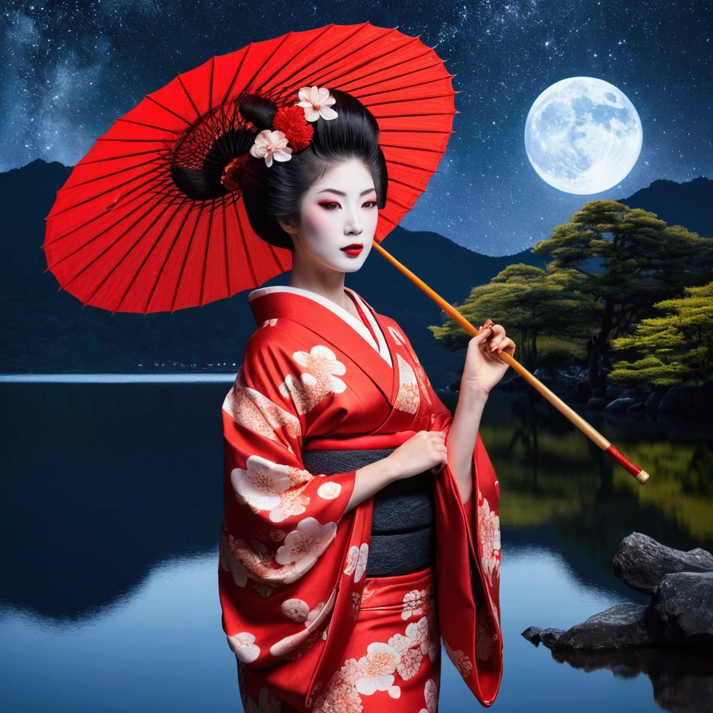 glamorous and sexy geisha, Traditional beauty, in kimono, geisha, beauty geisha, Inspired by , traditional geisha clothing, geisha makeup, ((Woman in kimono)) holding a fan - woman in kimono, traditional Japanese, Japanese style, Japanese goddess Glamorous and sexy geisha - glamorous and sexy geisha, Japanese geisha Traditiona,Arabian woman in kimono holding umbrella and red umbrella, traditional geisha clothing, glamorous and sexy geisha, japanese geisha, female geisha girl, intricate geisha kimono, geisha photo portrait, geisha, beauty geisha, Japanese Kimono, red kimono, Traditional Japanese, organic seductive geisha, geisha hairstyle, Japanese style Starry sky with mountains and lake, Jessica Rosier, Inspired by Jessica Rosier, Jessica Rosier Fantasy Art, Concept Art Magic Highlights, Official artwork, Dream Painting, Ethereal Plane, Atmospheric artwork, Dreamy Matte Paintings, Inspired by Ted Nasmith、Calm and infinite stars々, Moonlight and starry sky environment, Epic music album covers.