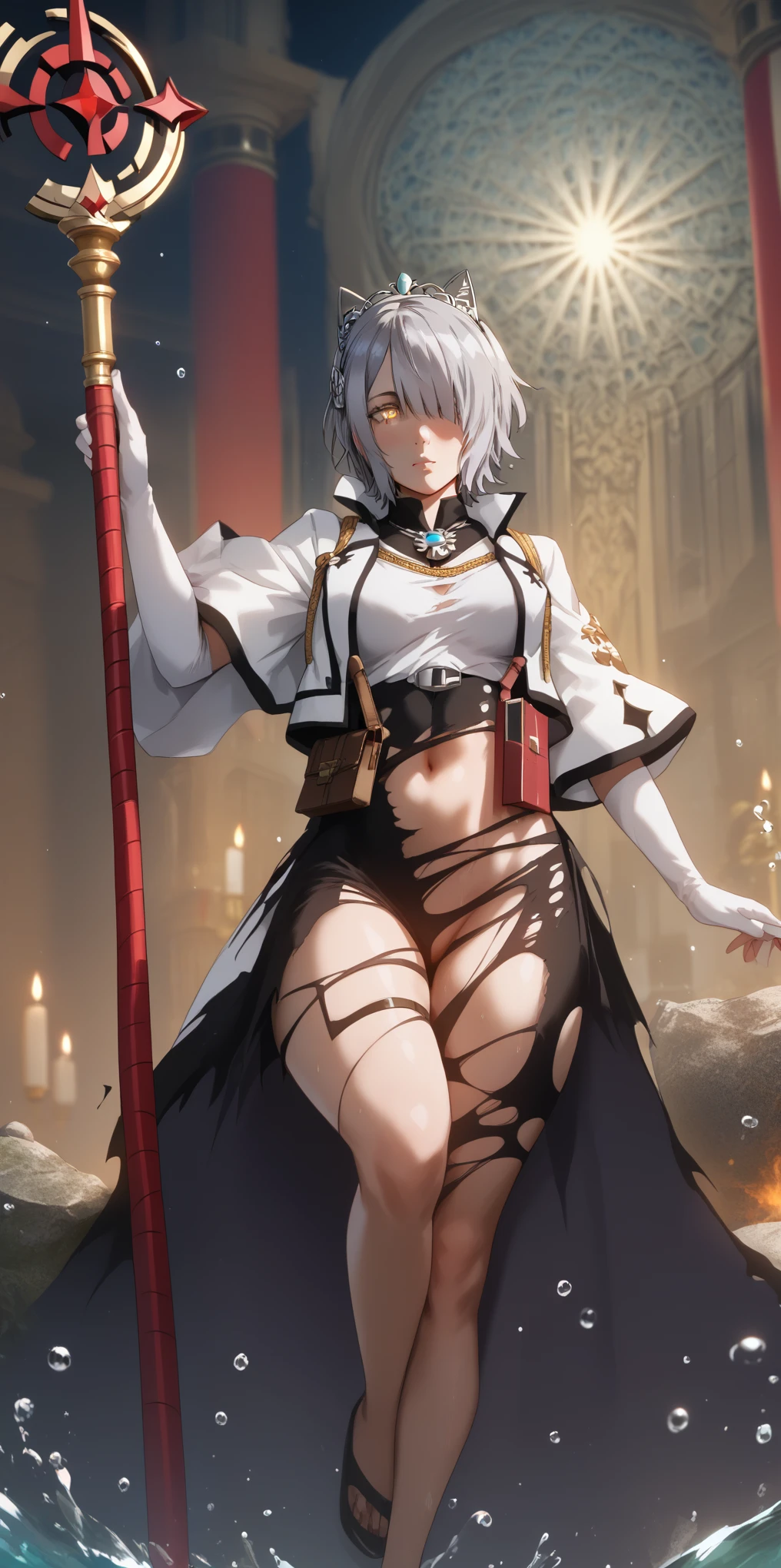 (hero neisan art style:0.7), (harayutaka art style:0.7), score_9, score_8_up, score_7_up, score_6_up, score_5_up, score_4_up, uncensored, chartreux westia, short hair, bangs, yellow eyes, grey hair, hair over one eye, tiara, BREAK (masterpiece:1.2), best quality, high resolution, (detailed eyes:1.3), perfect lighting, (perfect hands, perfect anatomy), 1girls, holding, female focus, book, staff, floating, robe, open book, holding staff, veil, navel, elbow gloves, torn clothes, water drop, temple, rock, starry sky, dusty, wind art, 