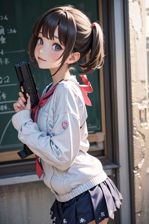 Two knots,girl,Pigtails,Hair tied in two ponytails at the back of the head,Primary school students,Smiling,Black Hair,clear,gunを持っている,Troubled face,gun,Beretta M92F,自動小gunを持っている,gunを両手に持っている,Troubled face,Sad face,
