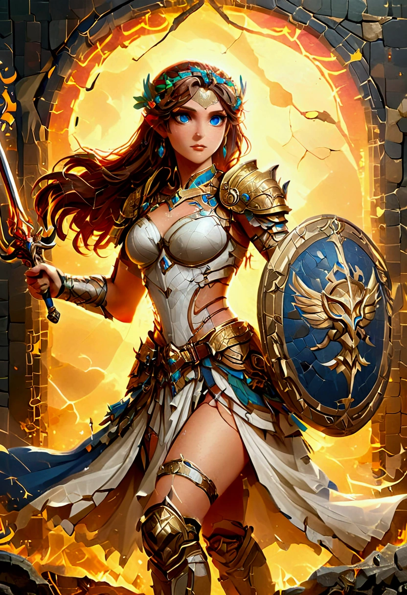 ancient Greek mosaic art of an amazon warrior, beautiful amazon warrior holding a sword, ready for battle, ((full body shot: 1.5)), ((anatomically correct: 1.5)) (ultra detailed face: 1.4), dynamic skin complexion, dynamic hair style, dynamic hair color, she is wearing ancient Greek armor, armed with a Greek short sword, dynamic background, vibrant, Ultra-high resolution, High Contrast, (masterpiece:1.5), highest quality, Best aesthetics), best details, best quality, highres, 16k, [ultra detailed], masterpiece, best quality, (extremely detailed) RAW, fantasy art, dnd art, fantasy art, realistic art, (ultra details, Masterpiece, best quality), Intense gaze, flash