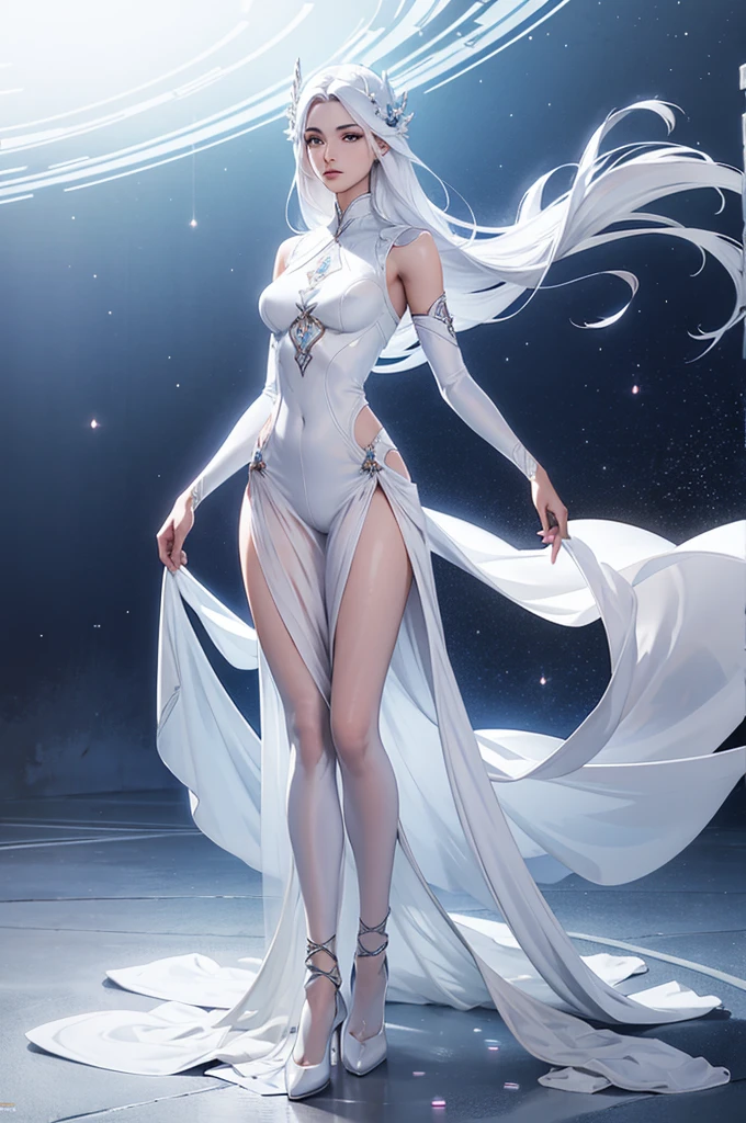 Masterpiece, Beautiful Goddess of Emptiness, A full body of clear white clothing stood under the empty night stars., Transparent pants disappear., Standing full body, Tall figure, Slender legs, face details, Detailed description of body parts, 8K wallpaper