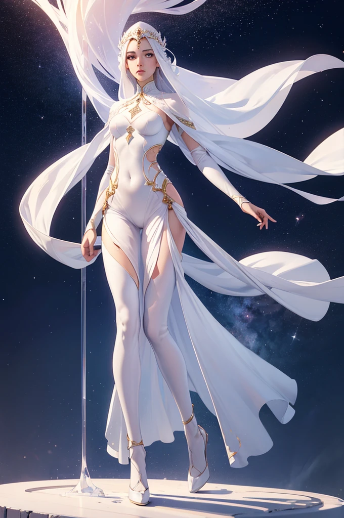 Masterpiece, Beautiful Goddess of Emptiness, A full body of clear white clothing stood under the empty night stars., Transparent pants disappear., Standing full body, Tall figure, Slender legs, face details, Detailed description of body parts, 8K wallpaper