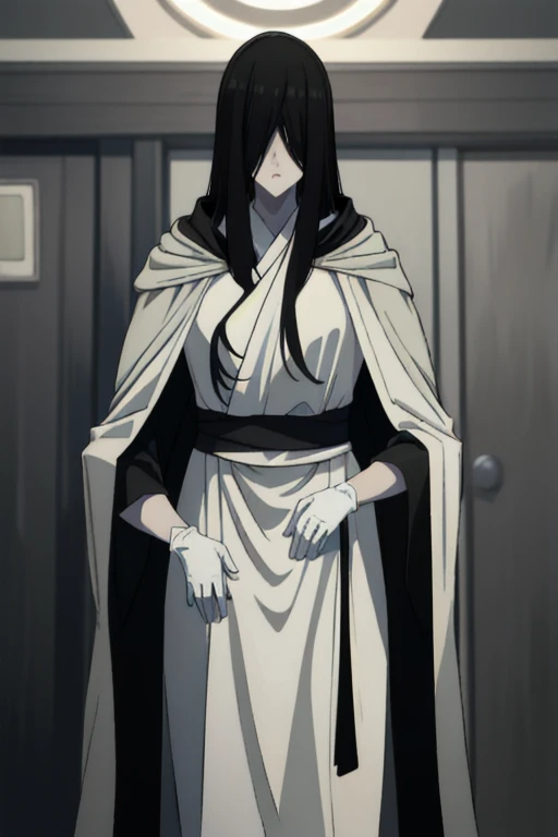 ((masterpiece)), (best quality), (absurdres), black hair, yamamura_sadako, (black obi), (grey skin), hair over eyes, eyes covered, cape, long cape, cloak. White gloves