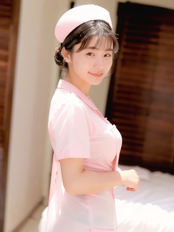 girl,alone, (Wearing white nurse clothes:1.2), Shortcuts, bangs, Upstyle, Black Hair, nurse, Perfect Anatomy, nurse uniform, ((Nurse cap)), ((White costume)), Long skirt, hospital, (face closeup), 