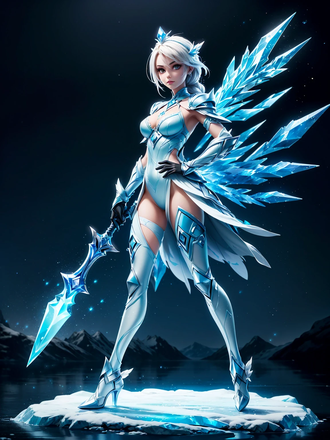 (((masterpiece, best quality, high detailed, 8k))) Design a layout showcase Gaming character, (1girl). Blue|White clothes, stylish and unique. ((showcase weapon:1.4)), ice spear. (masterpiece:1.2), (best quality), 4k, ultra-detailed. (Step by step design, layout art:1.5), (luminous lighting, atmospheric lighting). ice queen, ((glove full hands)), (((revealing clothes:1.3))), vambraces, armored legwear, (((full_body_shot:1.4))). {On a frozen lake}.
