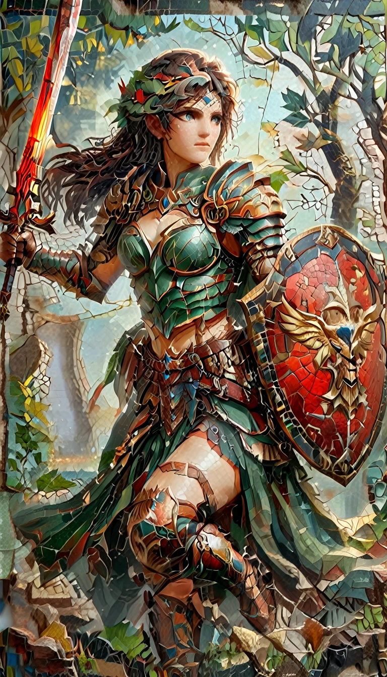 ancient Greek mosaic art of an amazon warrior, beautiful amazon warrior, ((full body shot: 1.5)), ((anatomically correct: 1.5)) (ultra detailed face: 1.4), dynamic skin complexion, dynamic hair style, dynamic hair color, she is wearing ancient Greek armor, armed with a Greek short sword, dynamic background, vibrant, Ultra-high resolution, High Contrast, (masterpiece:1.5), highest quality, Best aesthetics), best details, best quality, highres, 16k, [ultra detailed], masterpiece, best quality, (extremely detailed) RAW, fantasy art, dnd art, fantasy art, realistic art, (ultra details, Masterpiece, best quality), Intense gaze, Sword and shield