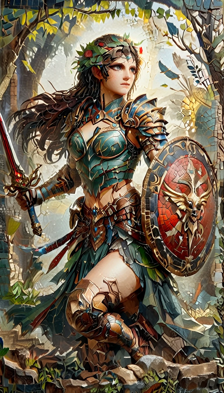 ancient Greek mosaic art of an amazon warrior holding a sword, ready for battle, beautiful amazon warrior holding a sword, ready for battle, ((full body shot: 1.5)), ((anatomically correct: 1.5)) (ultra detailed face: 1.4), dynamic skin complexion, dynamic hair style, dynamic hair color, she is wearing ancient Greek armor, armed with a Greek short sword, dynamic background, vibrant, Ultra-high resolution, High Contrast, (masterpiece:1.5), highest quality, Best aesthetics), best details, best quality, highres, 16k, [ultra detailed], masterpiece, best quality, (extremely detailed) RAW, fantasy art, dnd art, fantasy art, realistic art, (ultra details, Masterpiece, best quality), Intense gaze, flash