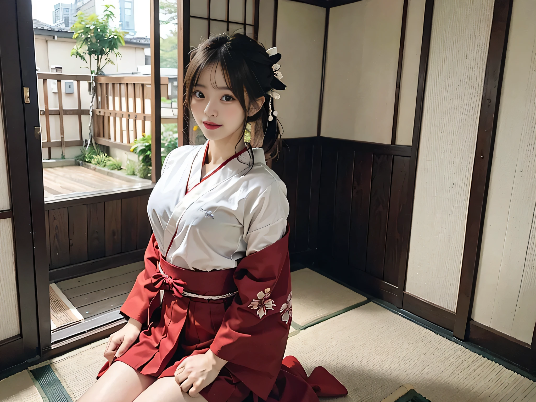 Woman in red skirt and white shirt is taking pictures, japanese girl , hakama kimono, Japan , wearing japanese , A Japanese style, Red kimono, Japanese style, traditional japanese, Wearing Hakama, japanese kimono,The background is indoors,The background is indoor,No bra,feet visible ,You can see the valley ,cleavage of the breast ,Short Cut Hairstyle ,Hairstyles are shortcuts