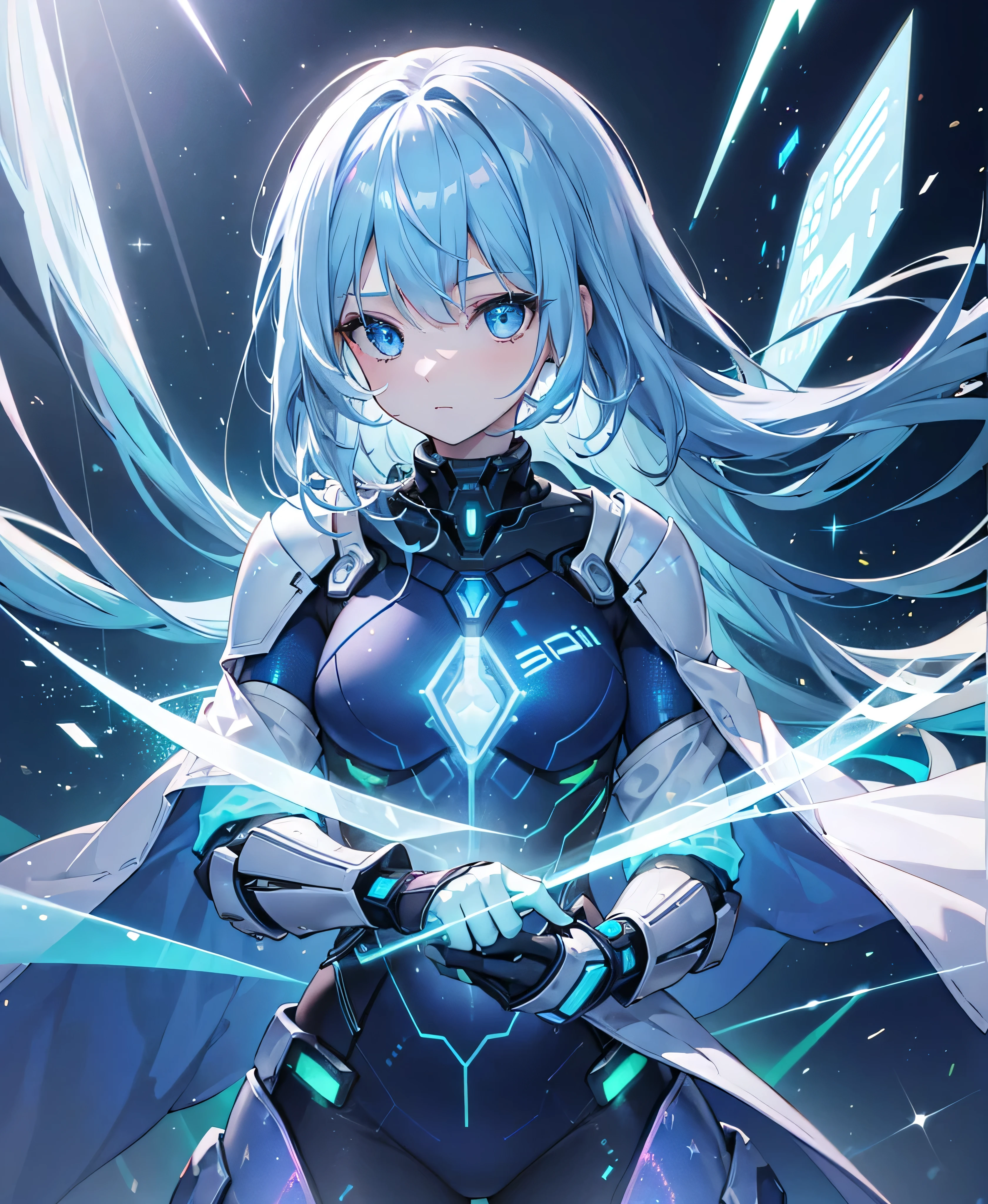 ((Holographic glow effect)),8k, Highest quality, (real:1.4), Original photo, 1 girl, Asari Hair, Biological Amplifier, refined armor, posture: Peace talks between warring factions, smart blue eyes,whole body