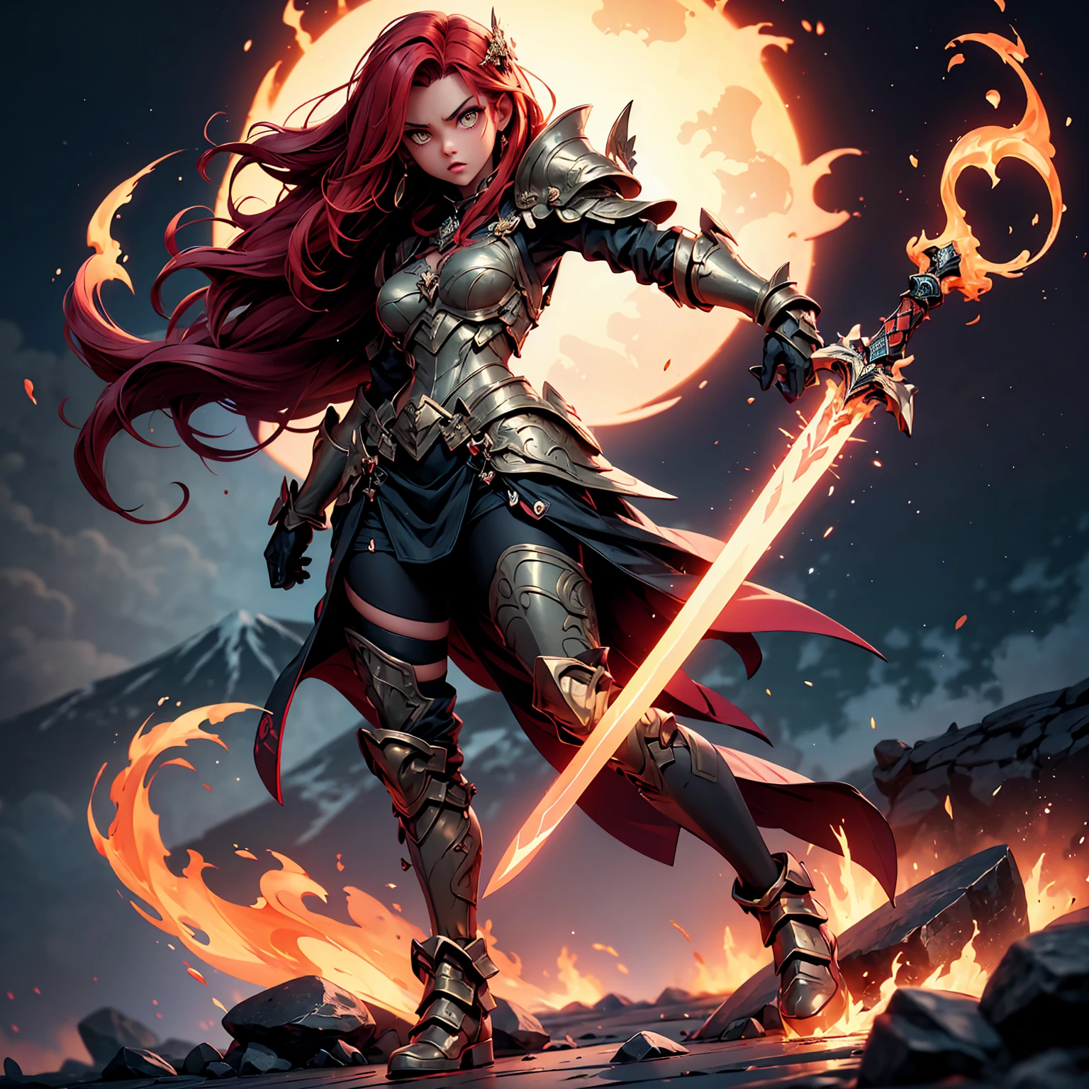 ((full body shot)) of a girl in regal, fire-themed armor with intricate gold and red details, standing in a blazing, volcanic landscape. She has long, flowing fiery red hair and intense, glowing amber eyes. Her skin has a warm, sun-kissed hue, and she is adorned with molten lava-like patterns. She holds a majestic sword engulfed in roaring flames, casting a bright, fiery light. The atmosphere is {intense|majestic}, with lava flows and embers illuminating the scene. The ground beneath her is cracked, molten earth, reflecting the intense light and adding to the fiery ambiance. Surrounding her are jagged rocks and bursts of flame in shades of {red|orange}, casting a fierce, incandescent glow. The background features towering volcanic peaks and a sky filled with ash and smoke, hinting at a powerful, fiery kingdom. The scene is dynamic and awe-inspiring, with her face showing a determined yet regal expression, her eyes focused intently on her blazing domain.

[Best quality], [Masterpiece], [Ultra-detailed], [4k], {intense|majestic} atmosphere, fiery kingdom, {dynamic pose|regal pose}, blazing illumination, {soft shadows|dramatic lighting}, {reflected light on molten earth:0.7}, {jagged rocks:0.6}, {bursts of flame:0.5}, {volcanic peaks:0.4}, {ash-filled sky:0.3}.