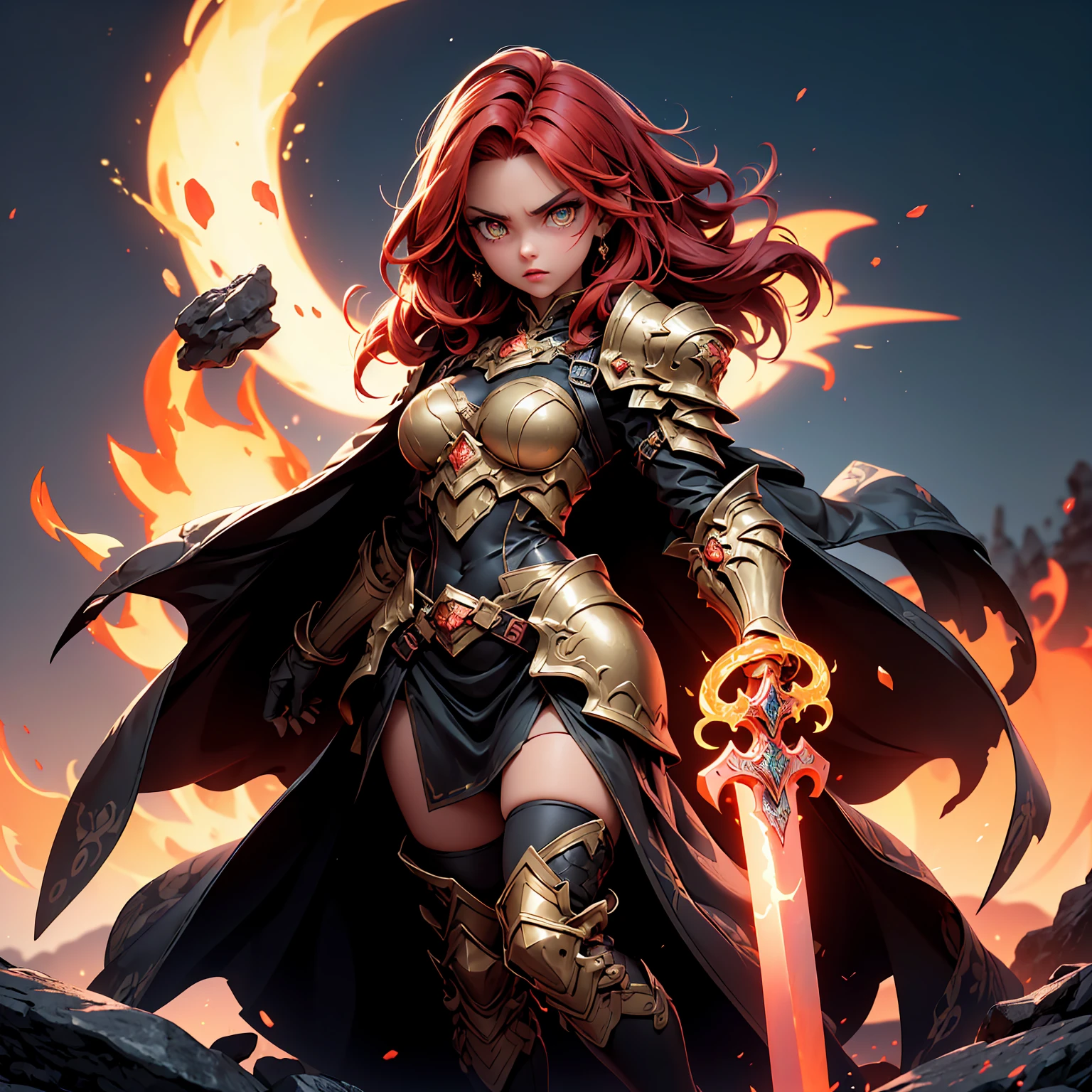 ((full body shot)) of a girl in regal, fire-themed armor with intricate gold and red details, standing in a blazing, volcanic landscape. She has long, flowing fiery red hair and intense, glowing amber eyes. Her skin has a warm, sun-kissed hue, and she is adorned with molten lava-like patterns. She holds a majestic sword engulfed in roaring flames, casting a bright, fiery light. The atmosphere is {intense|majestic}, with lava flows and embers illuminating the scene. The ground beneath her is cracked, molten earth, reflecting the intense light and adding to the fiery ambiance. Surrounding her are jagged rocks and bursts of flame in shades of {red|orange}, casting a fierce, incandescent glow. The background features towering volcanic peaks and a sky filled with ash and smoke, hinting at a powerful, fiery kingdom. The scene is dynamic and awe-inspiring, with her face showing a determined yet regal expression, her eyes focused intently on her blazing domain.

[Best quality], [Masterpiece], [Ultra-detailed], [4k], {intense|majestic} atmosphere, fiery kingdom, {dynamic pose|regal pose}, blazing illumination, {soft shadows|dramatic lighting}, {reflected light on molten earth:0.7}, {jagged rocks:0.6}, {bursts of flame:0.5}, {volcanic peaks:0.4}, {ash-filled sky:0.3}.