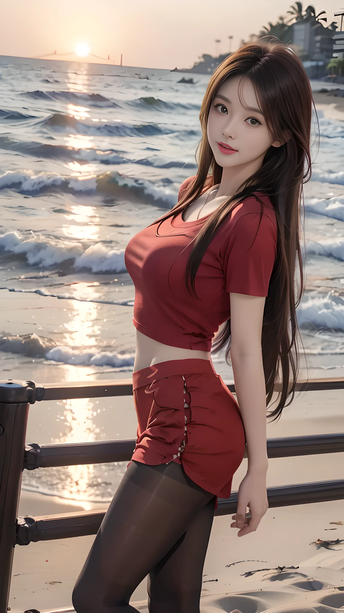 ulzzang-6500-v1.1, (RAW Photos:1.2), (Photorealistic), (Genuine:1.4), １girl、Perfect Anatomy、20 years old、Looking at the camera、Medium Long Hair、red T-shirt, skirt, ((on the beach at sunset :1.1))、(Ultra-realistic pantyhose:1.2), (Business services)、Asian Eyes Ella,