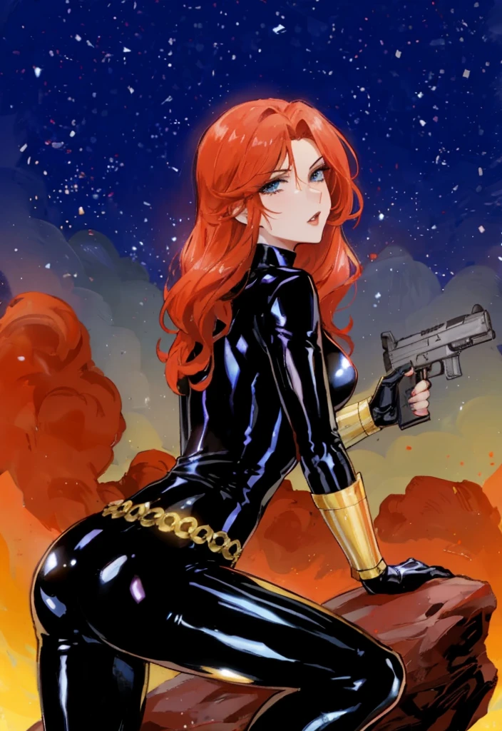  Black Widow, is known from the Marvel series. She's depicted with red hair and blue eyes, dressed in a sleek skin-tight shiny black latex bodysuit with a belt made of golden circles. She's holding a gun in her left hand, and she's in a crouching pose on a rock. The background features a bold red sky with white stars. The character appears ready for action.