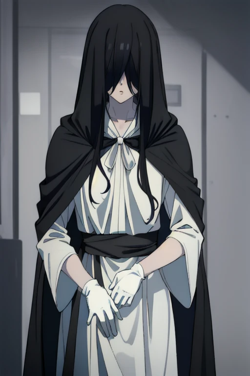 ((masterpiece)), (best quality), (absurdres), black hair, yamamura_sadako, (black obi), (grey skin), hair over eyes, eyes covered, cape, long cape, cloak. White gloves