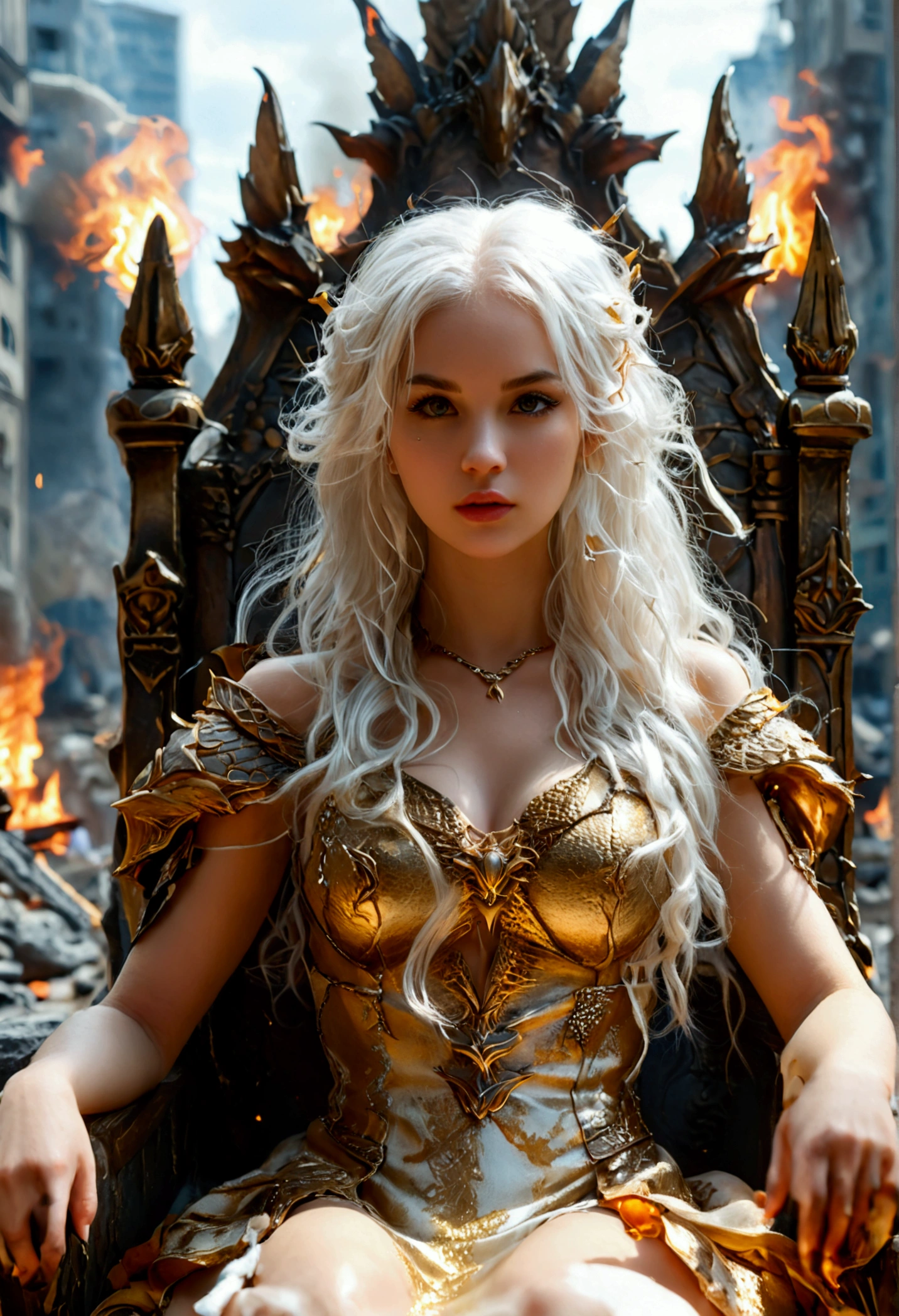 ultra realistic, photography, long white hair, girl, 24 years old, hourglass figure, perfect body, small breasts, Flirty look, she is sitting on a throne, wearing a gold dress, destroyed city in the background, the city is in flames and destroyed, (full body shot:1.1) photorealistic image of a (sitting pose:1.1) woman, full body, wide angle, wide angle shot, her pet dragon at her feet, a bow and arrow next to her throne