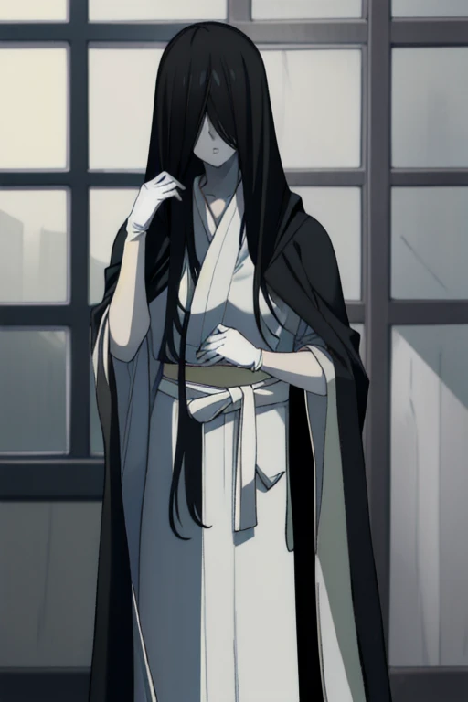 ((masterpiece)), (best quality), (absurdres), black hair, yamamura_sadako, (black obi), (grey skin), hair over eyes, eyes covered, looking at viewer, cape, long cape, closk. White gloves