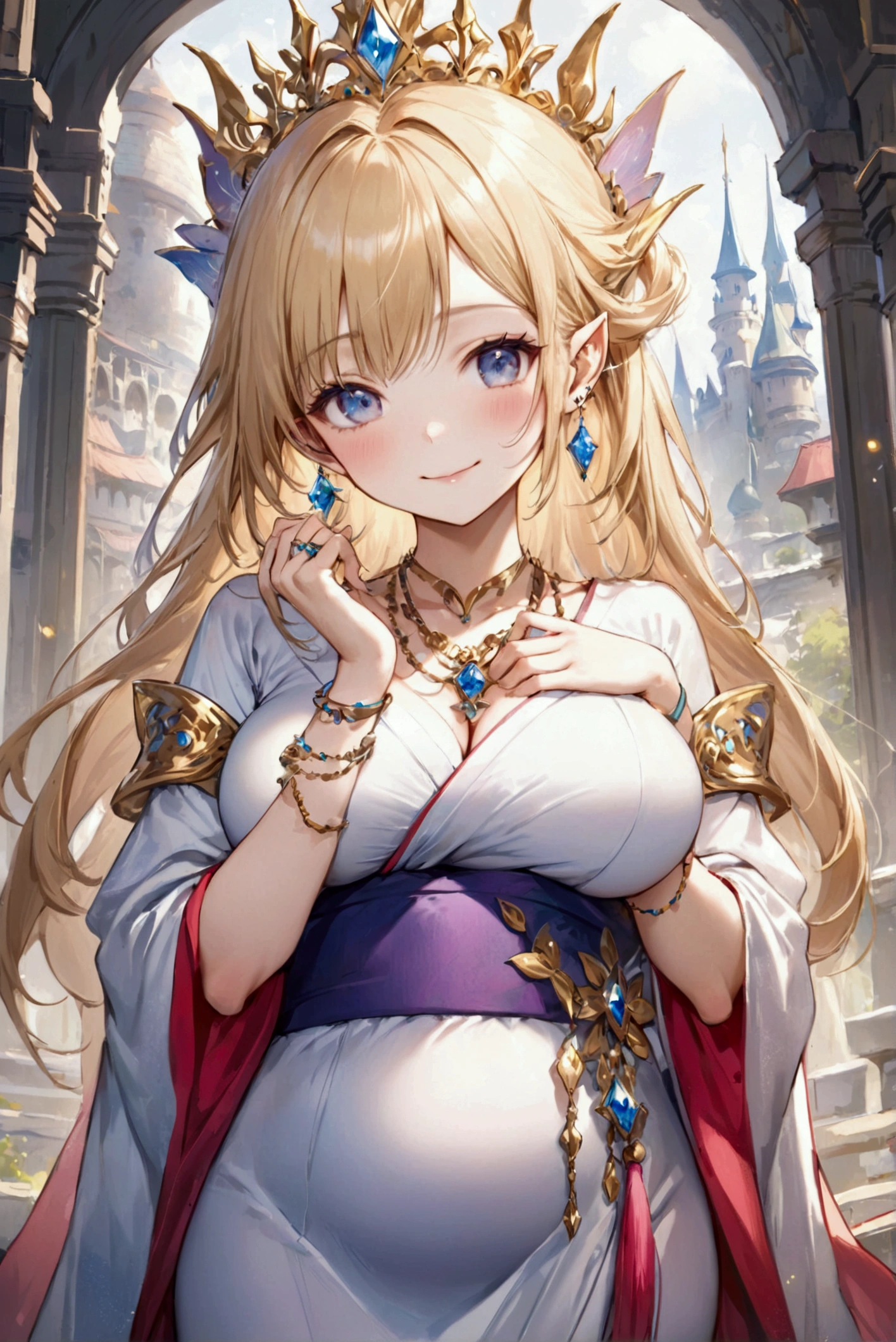 (Highest quality, 8k, 32K, masterpiece, Ultra-high resolution,:1.2),to be born, One Girl,So cute , Castle-like fantasy background, clear, Shining Eyes, Age 25 ,Fair skin, Blonde girl, kimono, Long Hair, An innocent smile, Elf Queen, Pierced ears sparkle, An elegant necklace adorns her slender neck., Rings and bracelets decorate the fingers. expensive_Big Breasts, Big Breasts, Hands clasped behind back