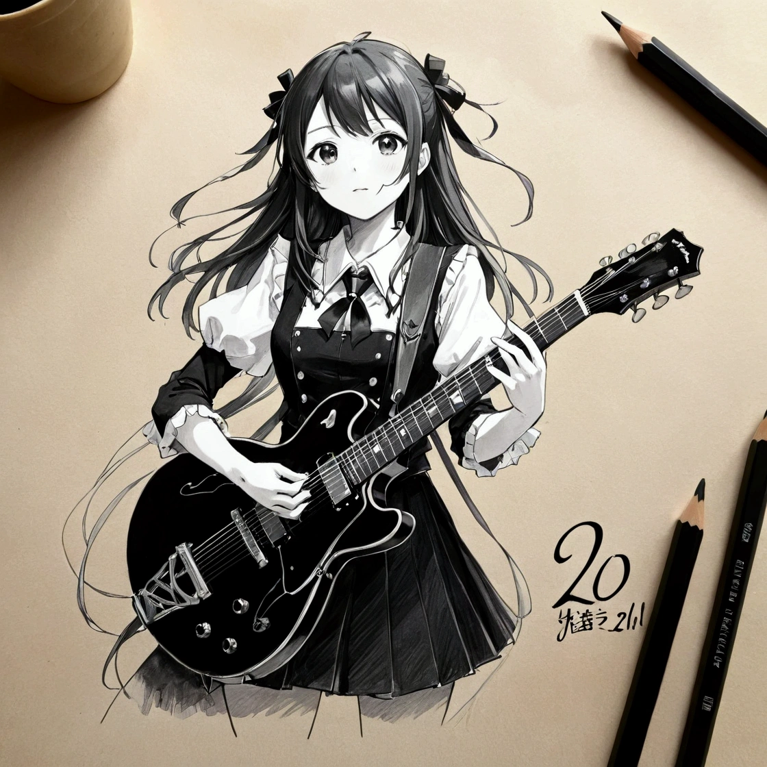 Drawing of a girl with a guitar and a pencil, Traditional drawing style, Detailed fan art, Beautiful drawing style, Monochrome artwork!!, Hand-drawn 2D art, Anime style painting, Realistic anime art style, Pencil and ink manga drawings, Complex Anime Girl K-ON Kyoani, Cute and detailed artwork, Anime-style illustrations, Anime Drawings, Drawn by a Japanese anime artist