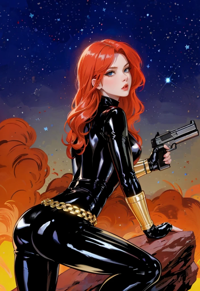 Black Widow, is known from the Marvel series. She's depicted with red hair and blue eyes, dressed in a sleek skin-tight shiny black latex bodysuit with a belt made of golden circles. She's holding a gun in her left hand, and she's in a crouching pose on a rock. The background features a bold red sky with white stars. The character appears ready for action.