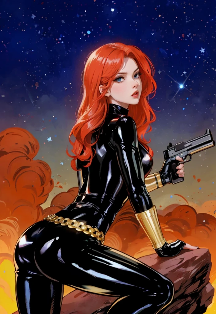 Black Widow, is known from the Marvel series. She's depicted with red hair and blue eyes, dressed in a sleek skin-tight shiny black latex bodysuit with a belt made of golden circles. She's holding a gun in her left hand, and she's in a crouching pose on a rock. The background features a bold red sky with white stars. The character appears ready for action.