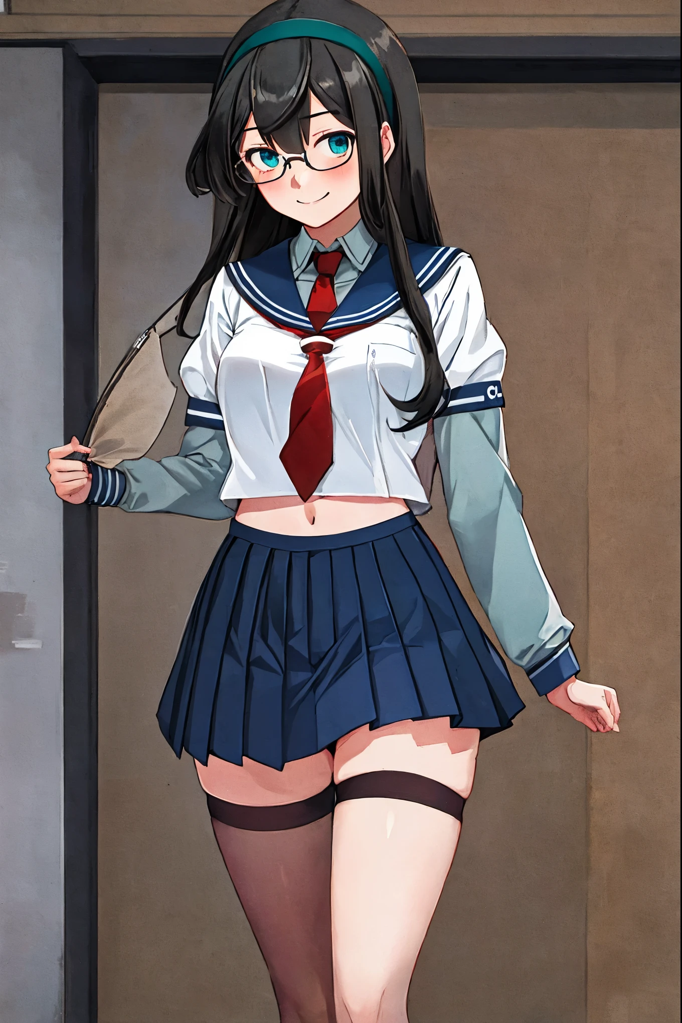 best quality, masterpiece, highres, solo, {ooyodo_kantaicollection:1.15}, black_hair, long_hair, glasses, hairband, semi-rimless_eyewear, under-rim_eyewear, blue_eyes, green_eyes, blush,small_breasts, 1girl, school_uniform, serafuku, pleats_skirt, looking_at_viewer, necktie, harbor_town_background, red_necktie,(angry:0.7),smile,,thigh-highs,solo