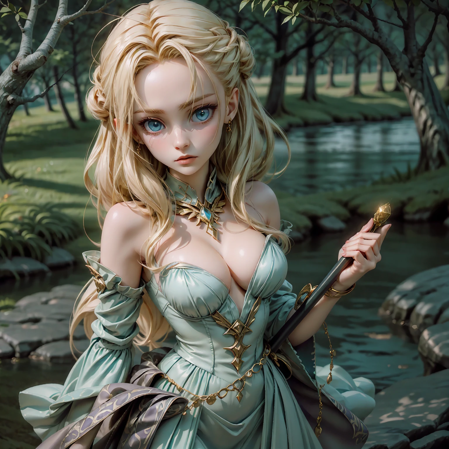 A stunning artwork of a majestic female character standing in an enchanting, mystical landscape. The full-body view showcases her in stylish and unique clothes of gold and purple, exuding an aura of elegance and power. Her long, flowing golden hair frames a face of regal beauty, highlighted by light blue eyes that radiate wisdom and an otherworldly charm. She holds a magic staff, intricately designed and glowing with mystical energy, adding to her majestic presence.

The scenery around her is a fantastical forest bathed in twilight, with towering ancient trees and luminescent flora. A serene river flows nearby, reflecting the soft glow of a setting sun. Fireflies and ethereal lights float in the air, enhancing the magical atmosphere of this tranquil setting.